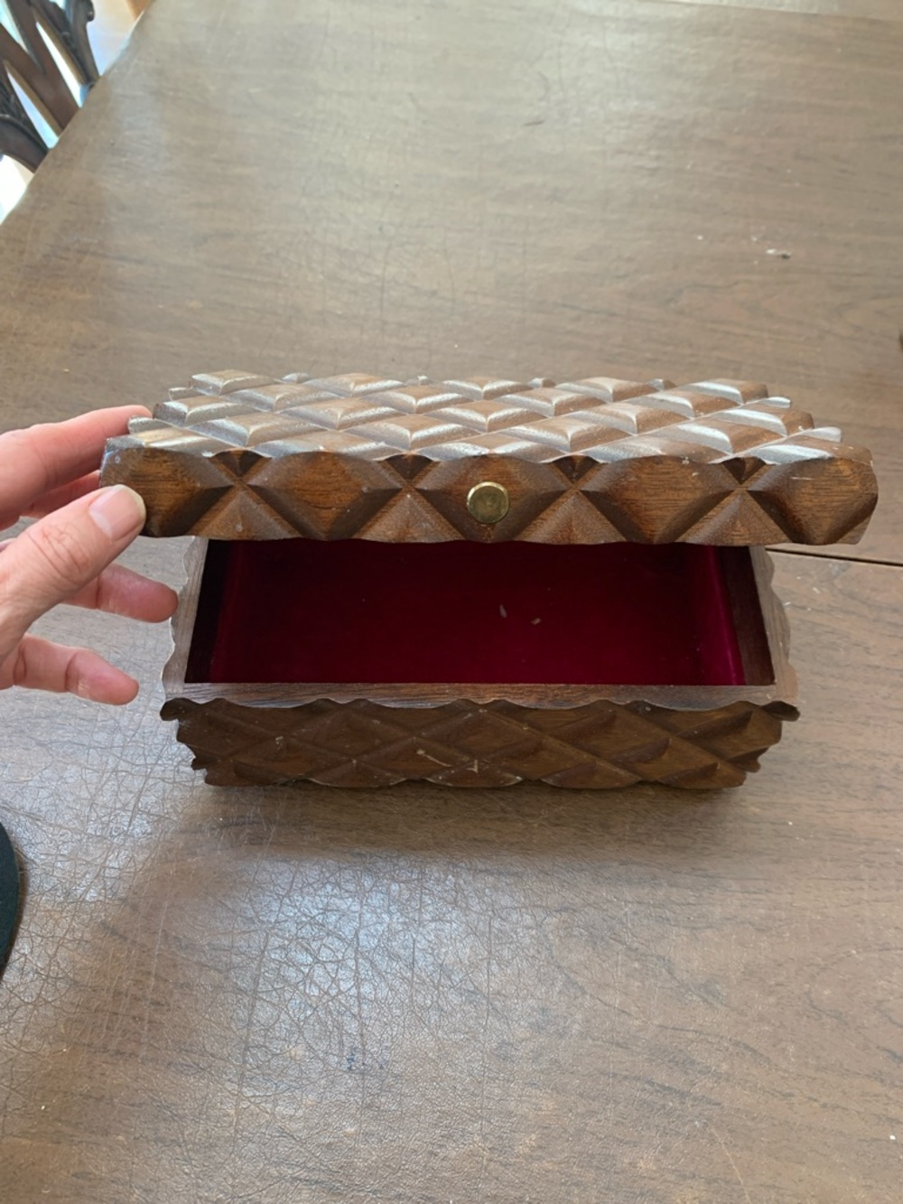 Vintage Hand-Carved Wooden Trinket Box with Red Velvet Lining